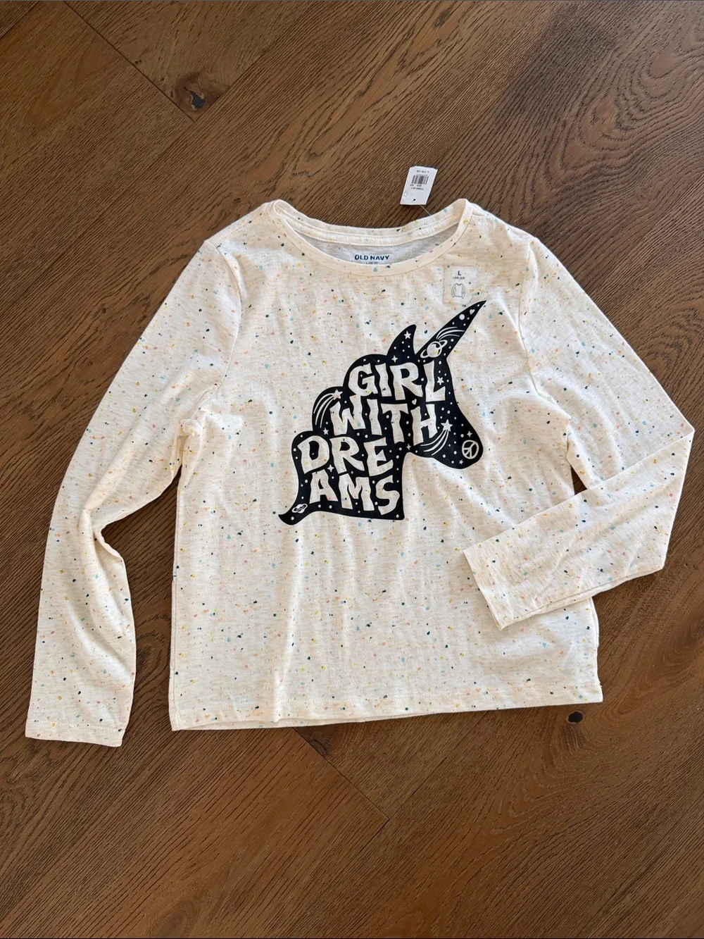⚡️Old Navy Cream Speckled Long Sleeve Top with Navy Unicorn Graphic